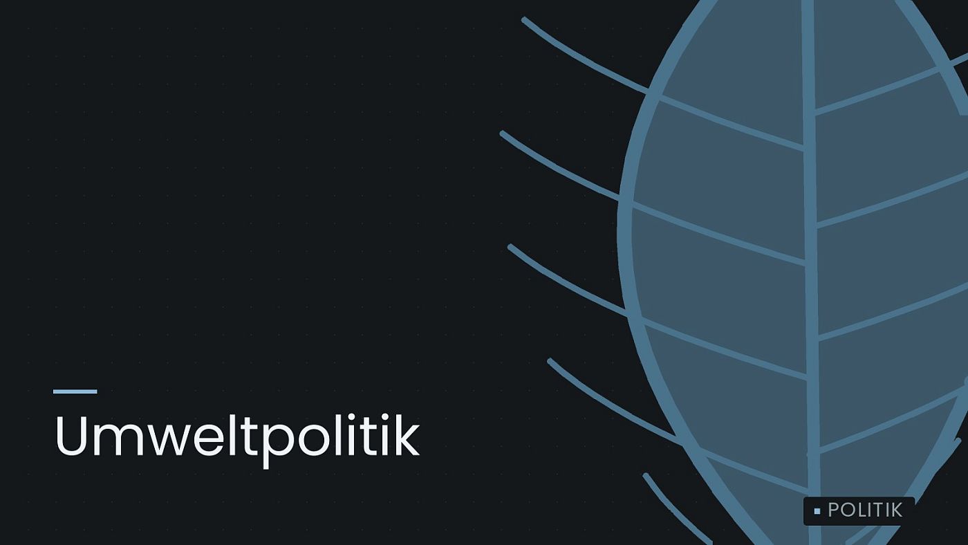 Symbolgrafik: ein gezeichnetes Blatt als Zeichen für Umwelt und Klima, beschriftet mit „Umweltpolitik“.