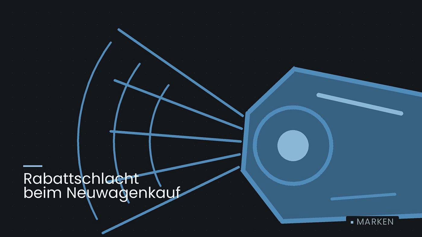 Symbolgrafik: ein gezeichneter Scheinwerfer mit Lichtkegel, beschriftet mit „Rabattschlacht beim Neuwagenkauf“.