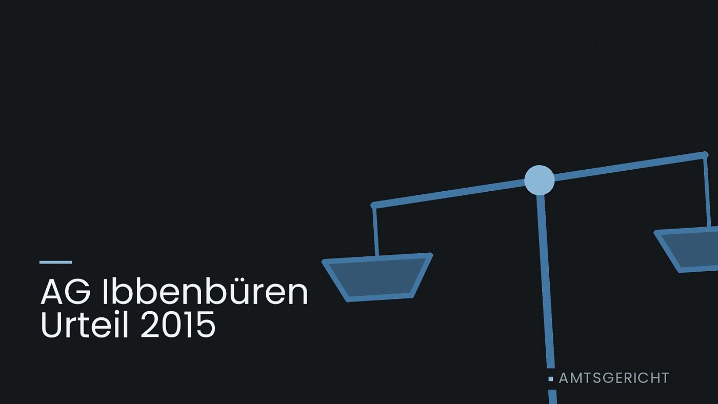 Symbolgrafik: eine stilisierte Waage als Zeichen für eine Gerichtsentscheidung, beschriftet mit „AG Ibbenbüren Urteil 2015“.