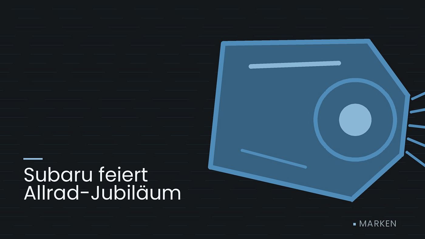 Symbolgrafik: ein gezeichneter Scheinwerfer mit Lichtkegel, beschriftet mit „Subaru feiert Allrad-Jubiläum“.