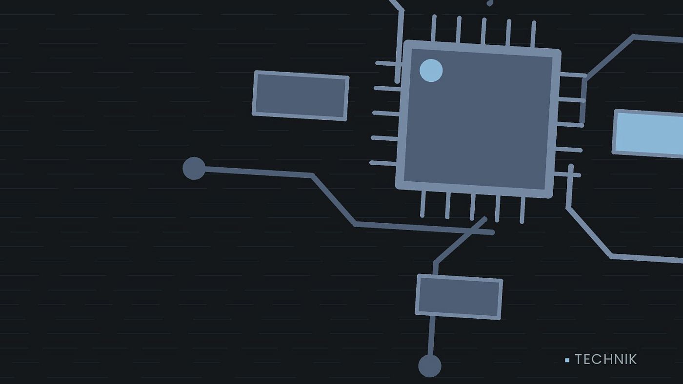 Symbolgrafik: gezeichnete Leiterbahnen mit einem Chip.