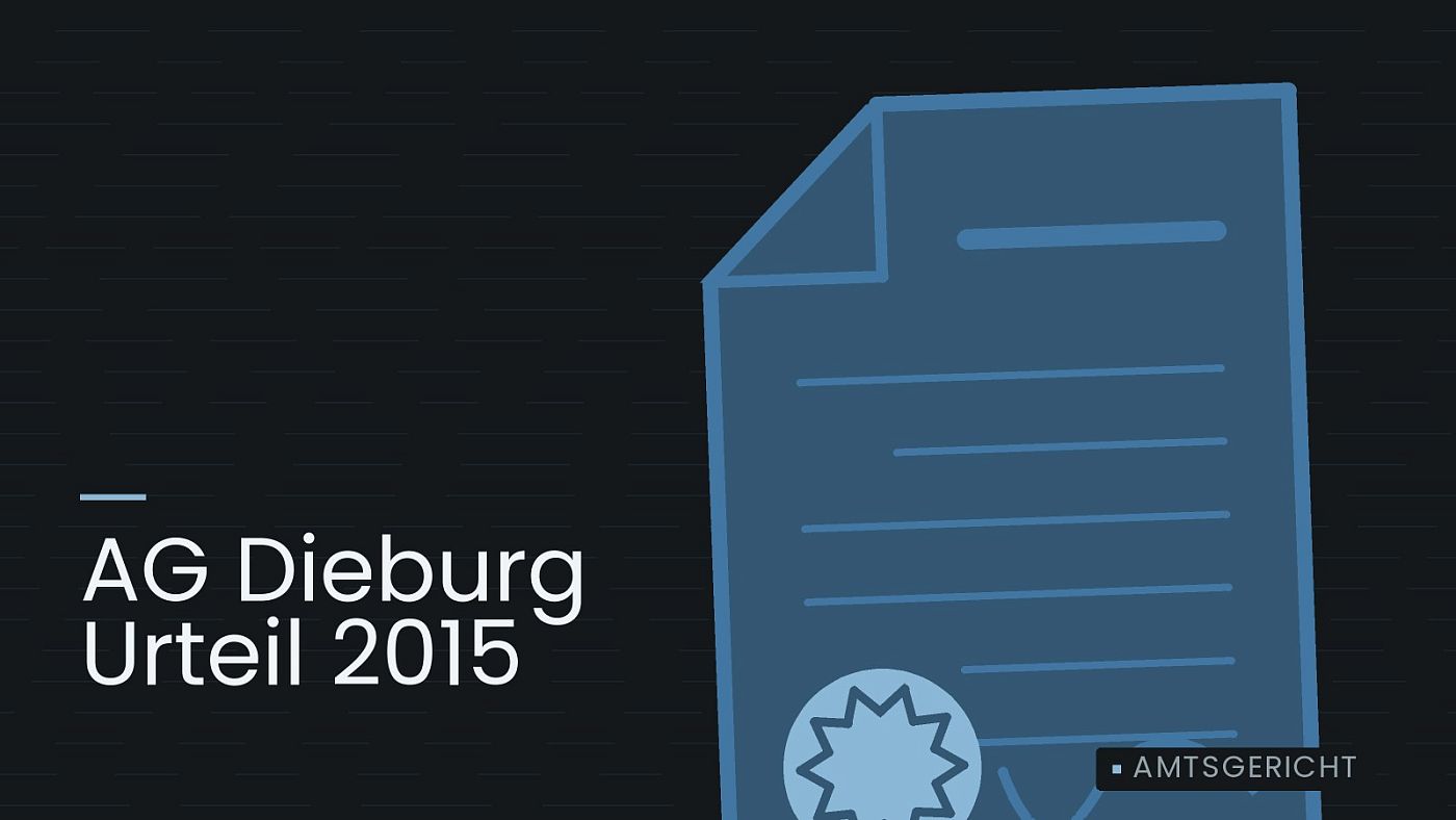 Symbolgrafik: eine gezeichnete Urkunde mit Siegel als Zeichen für eine Entscheidung, beschriftet mit „AG Dieburg Urteil 2015“.