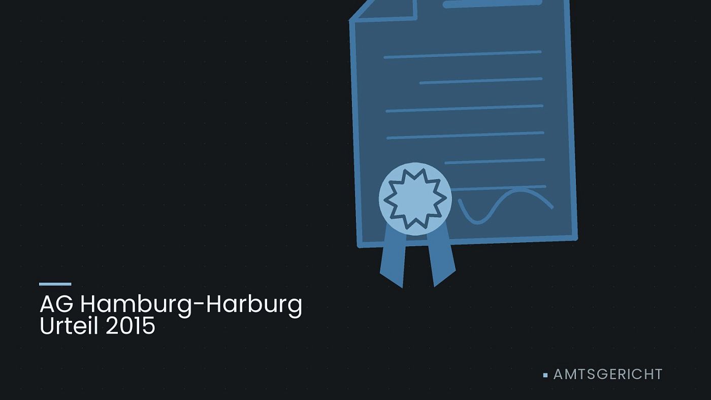 Symbolgrafik: eine gezeichnete Urkunde mit Siegel als Zeichen für eine Entscheidung, beschriftet mit „AG Hamburg-Harburg Urteil 2015“.