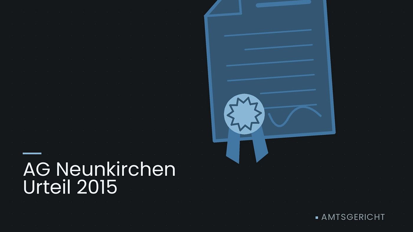 Symbolgrafik: eine gezeichnete Urkunde mit Siegel als Zeichen für eine Entscheidung, beschriftet mit „AG Neunkirchen Urteil 2015“.