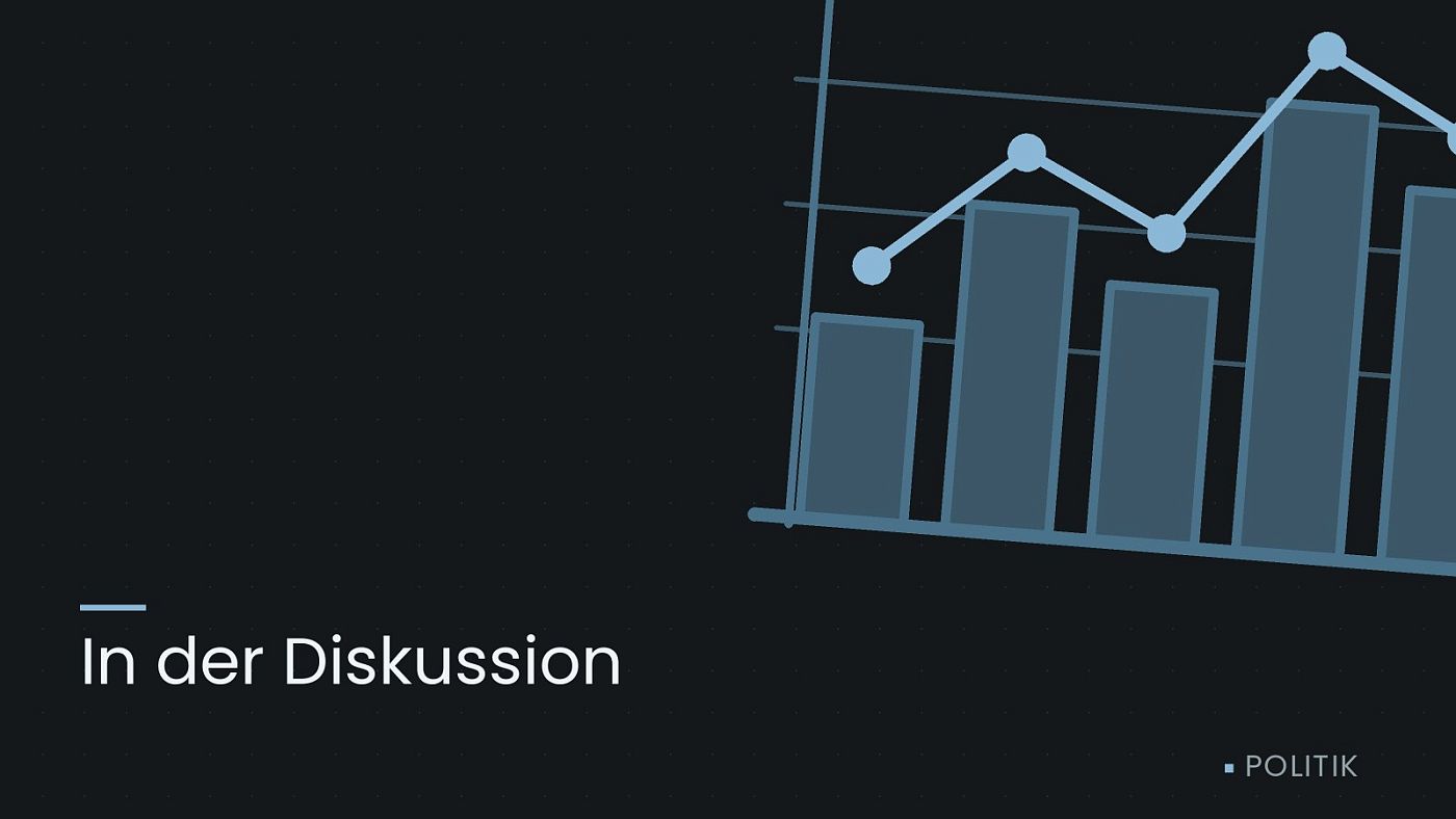 Symbolgrafik: ein gezeichnetes Balkendiagramm mit Verlaufslinie, beschriftet mit „In der Diskussion“.