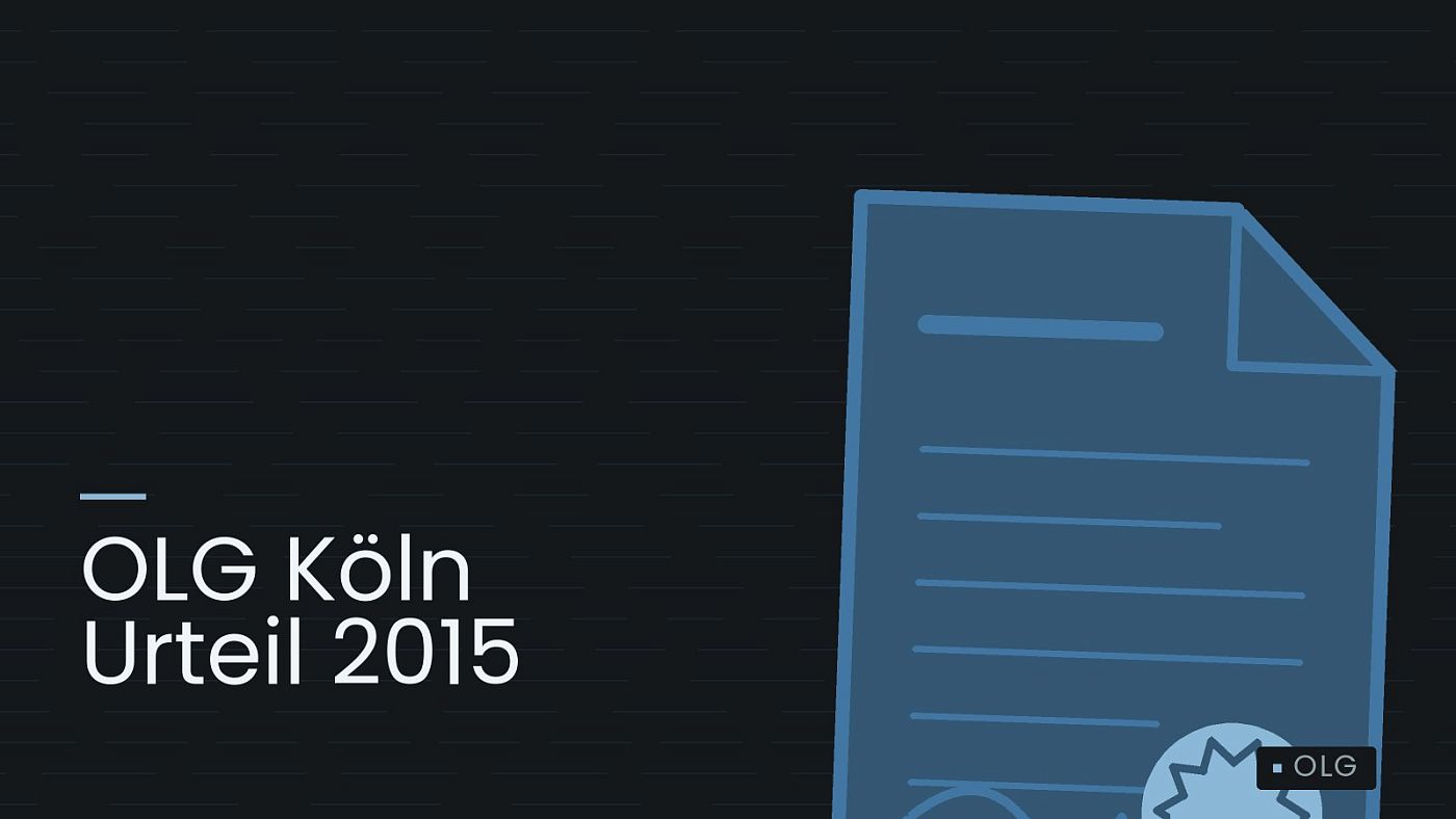 Symbolgrafik: eine gezeichnete Urkunde mit Siegel als Zeichen für eine Entscheidung, beschriftet mit „OLG Köln Urteil 2015“.