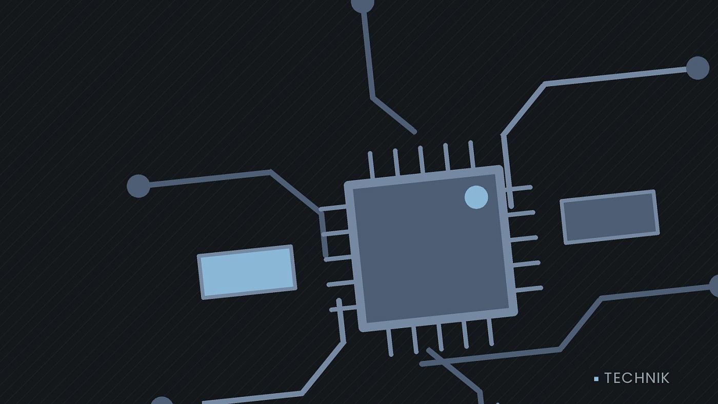 Symbolgrafik: gezeichnete Leiterbahnen mit einem Chip.