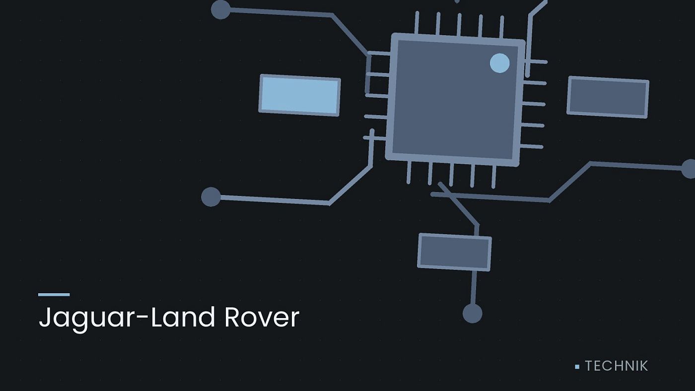Symbolgrafik: gezeichnete Leiterbahnen mit einem Chip, beschriftet mit „Jaguar-Land Rover“.
