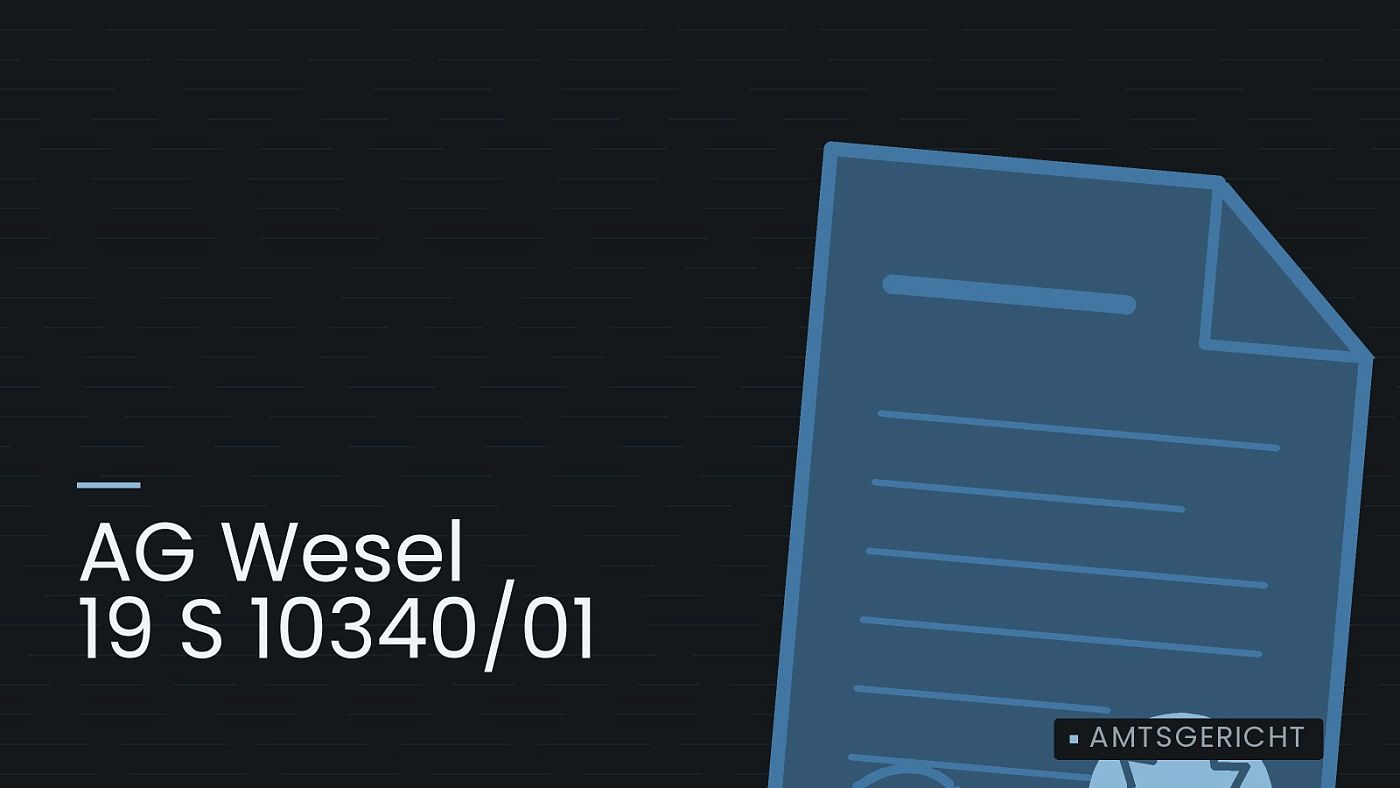 Symbolgrafik: eine gezeichnete Urkunde mit Siegel als Zeichen für eine Entscheidung, beschriftet mit „AG Wesel 19 S 10340/01“.