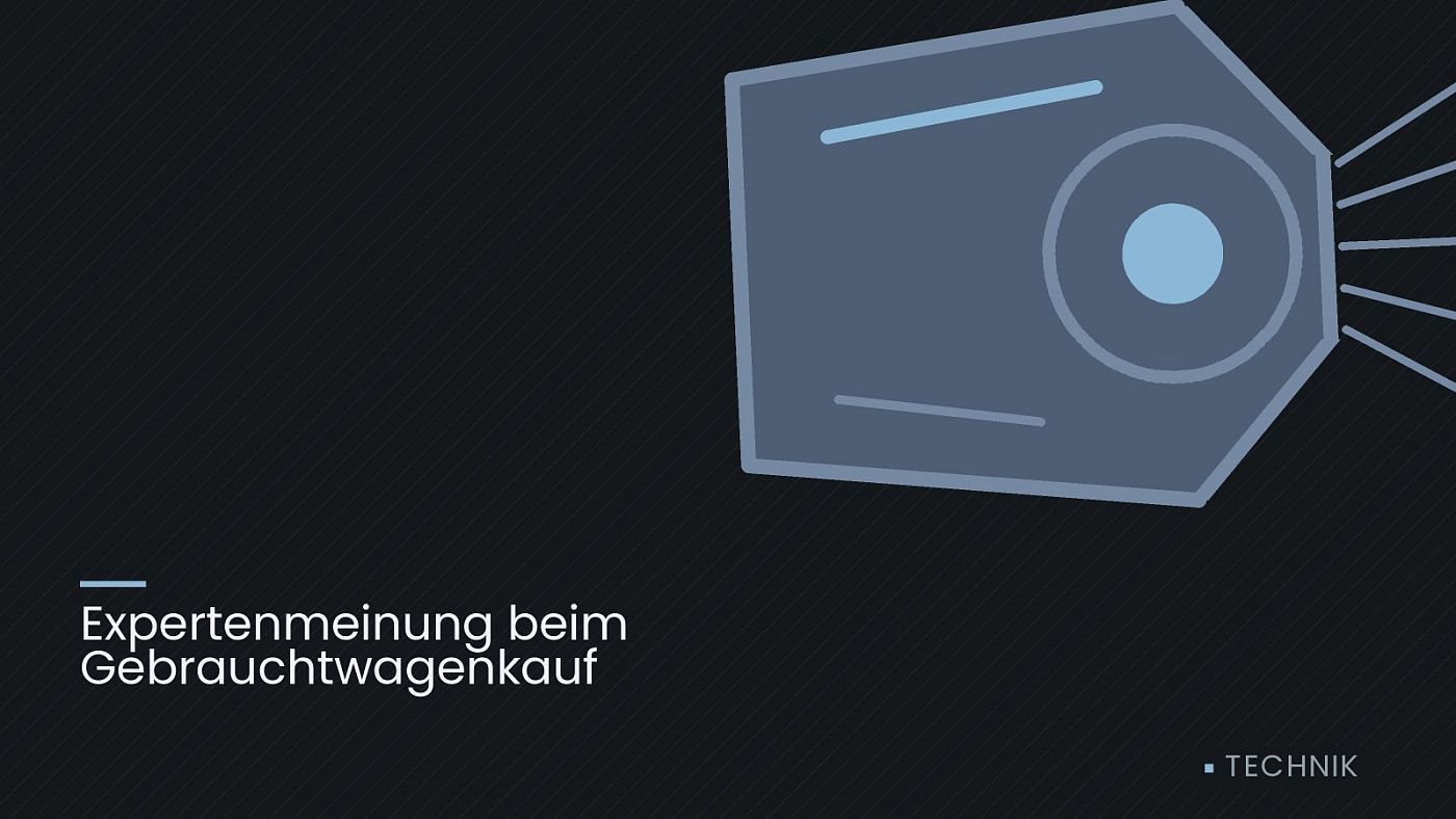 Symbolgrafik: ein gezeichneter Scheinwerfer mit Lichtkegel, beschriftet mit „Expertenmeinung beim Gebrauchtwagenkauf“.