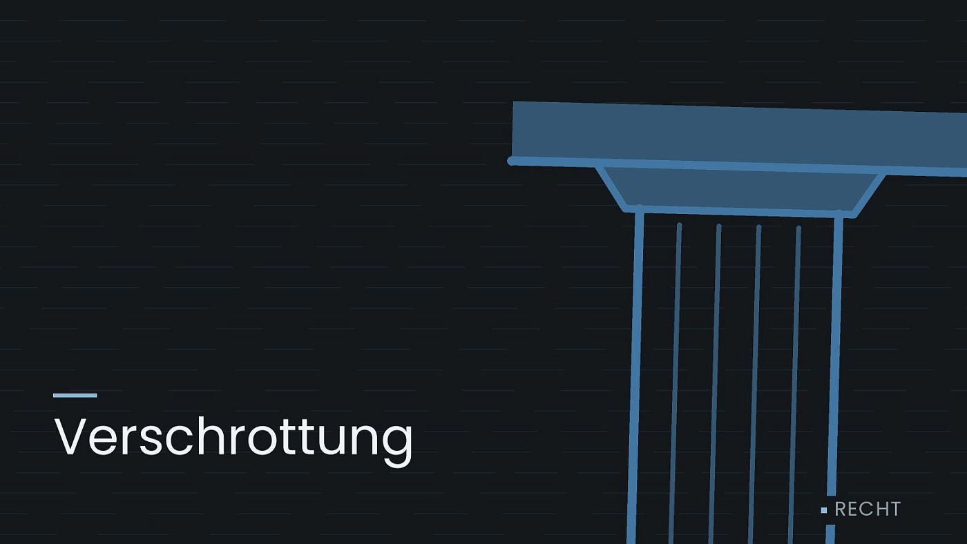 Symbolgrafik: eine stilisierte Gerichtssäule mit Giebel, beschriftet mit „Verschrottung“.