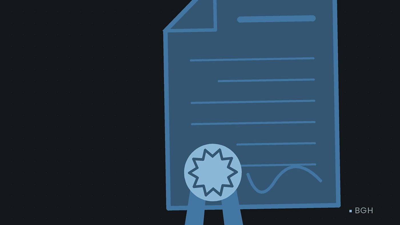 Symbolgrafik: eine gezeichnete Urkunde mit Siegel als Zeichen für eine Entscheidung.