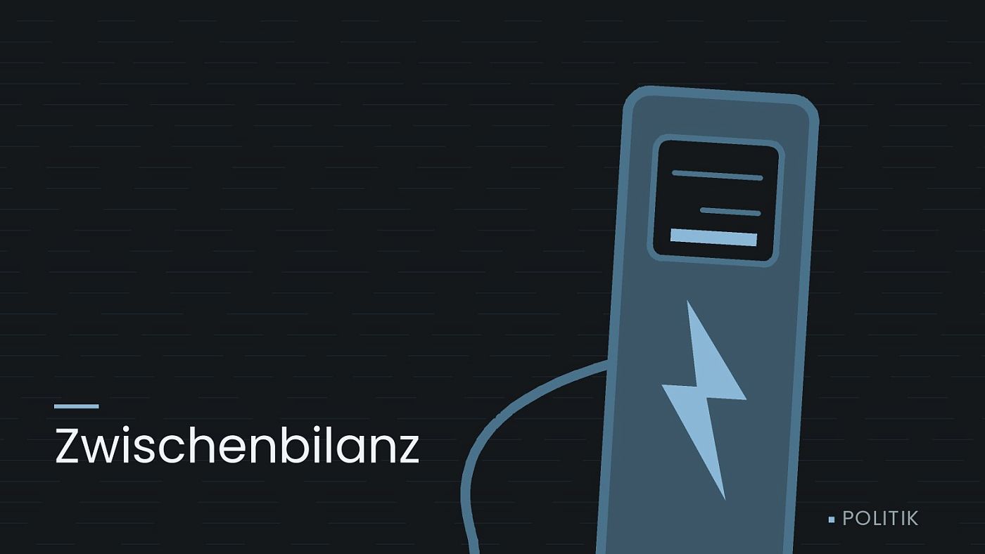 Symbolgrafik: eine gezeichnete Ladesäule mit Kabel und Stecker, beschriftet mit „Zwischenbilanz“.