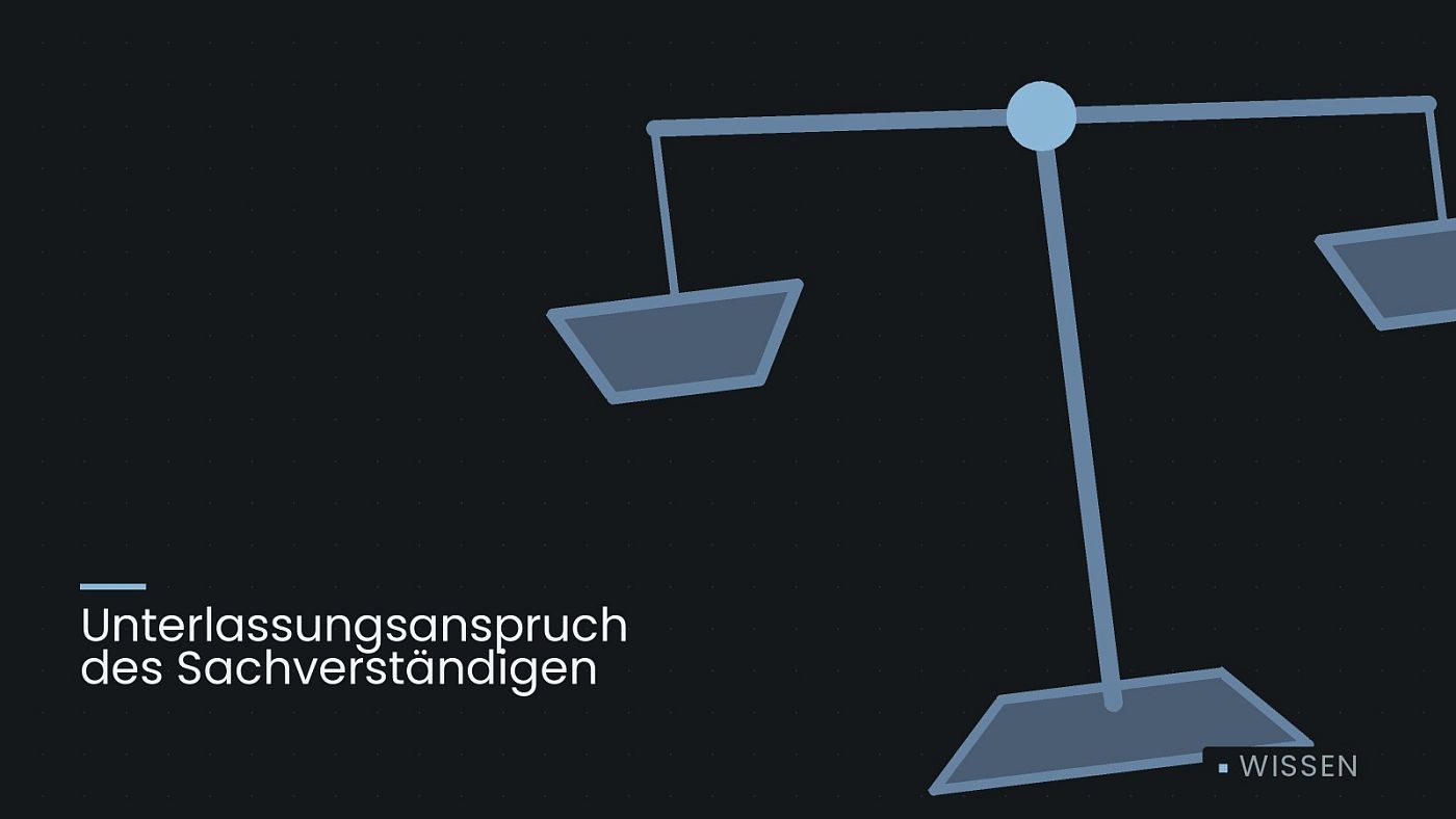 Symbolgrafik: eine stilisierte Waage als Zeichen für eine Gerichtsentscheidung, beschriftet mit „Unterlassungsanspruch des Sachverständigen“.