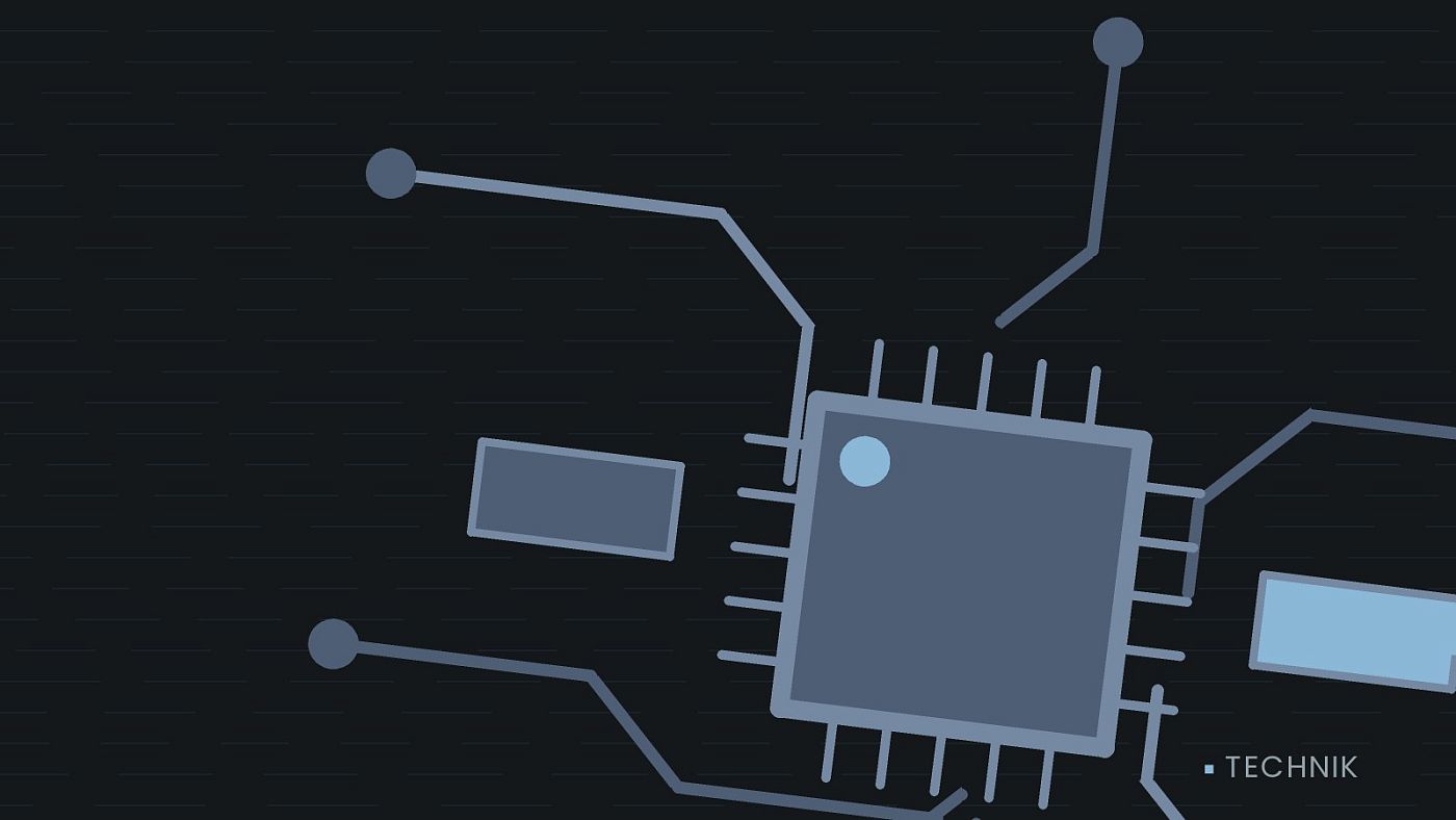 Symbolgrafik: gezeichnete Leiterbahnen mit einem Chip.