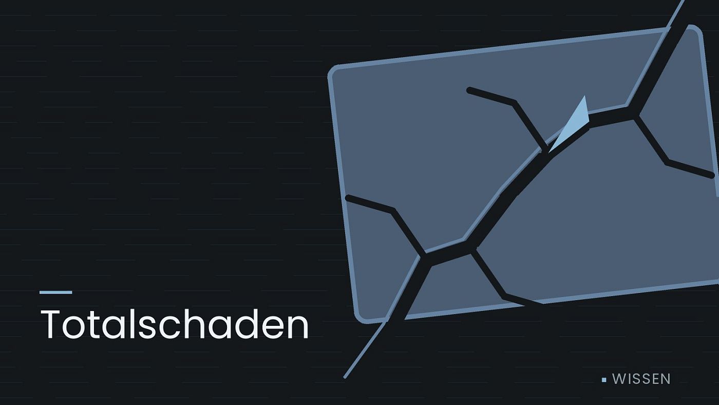 Symbolgrafik: eine gezeichnete Bruchlinie über einer Fläche, beschriftet mit „Totalschaden“.