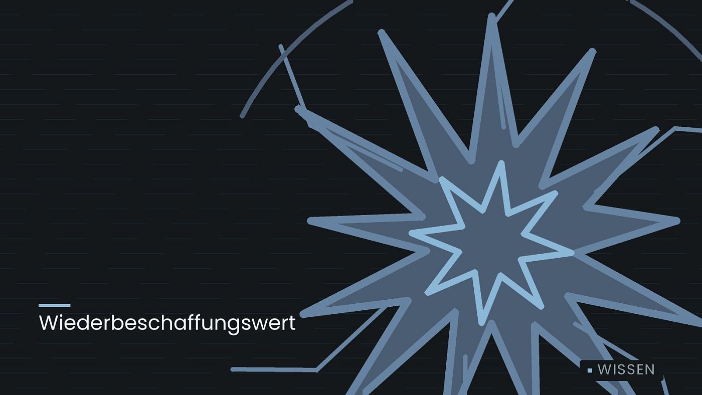 Symbolgrafik: eine sternförmige Aufprallmarke, beschriftet mit „Wiederbeschaffungswert“.