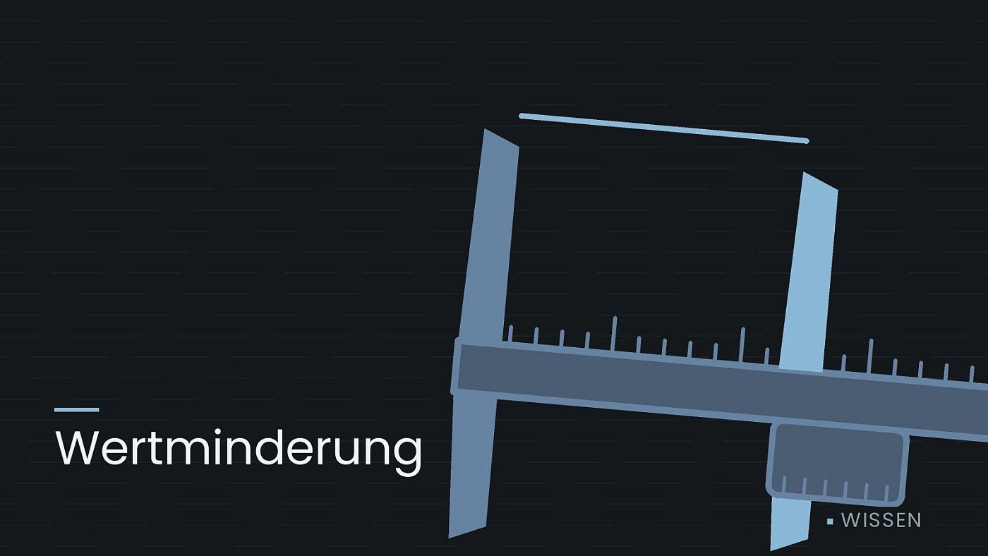 Symbolgrafik: ein gezeichneter Messschieber als Zeichen für eine Schadensbemessung, beschriftet mit „Wertminderung“.