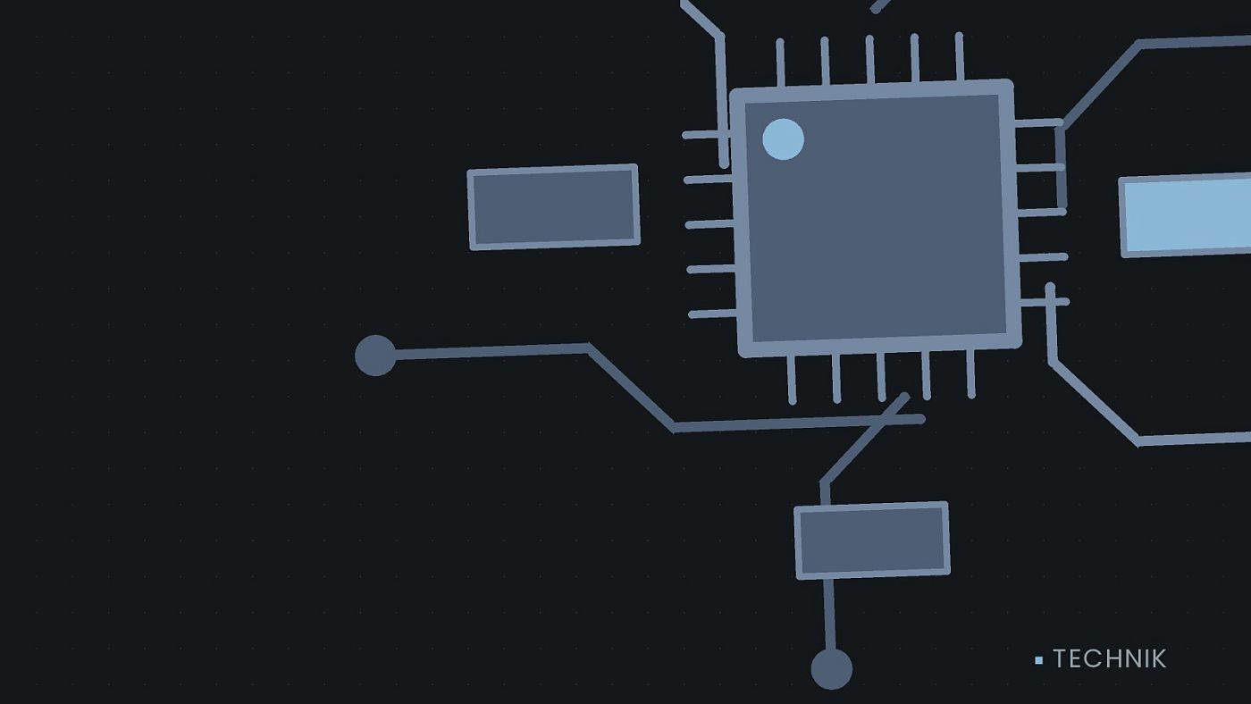 Symbolgrafik: gezeichnete Leiterbahnen mit einem Chip.
