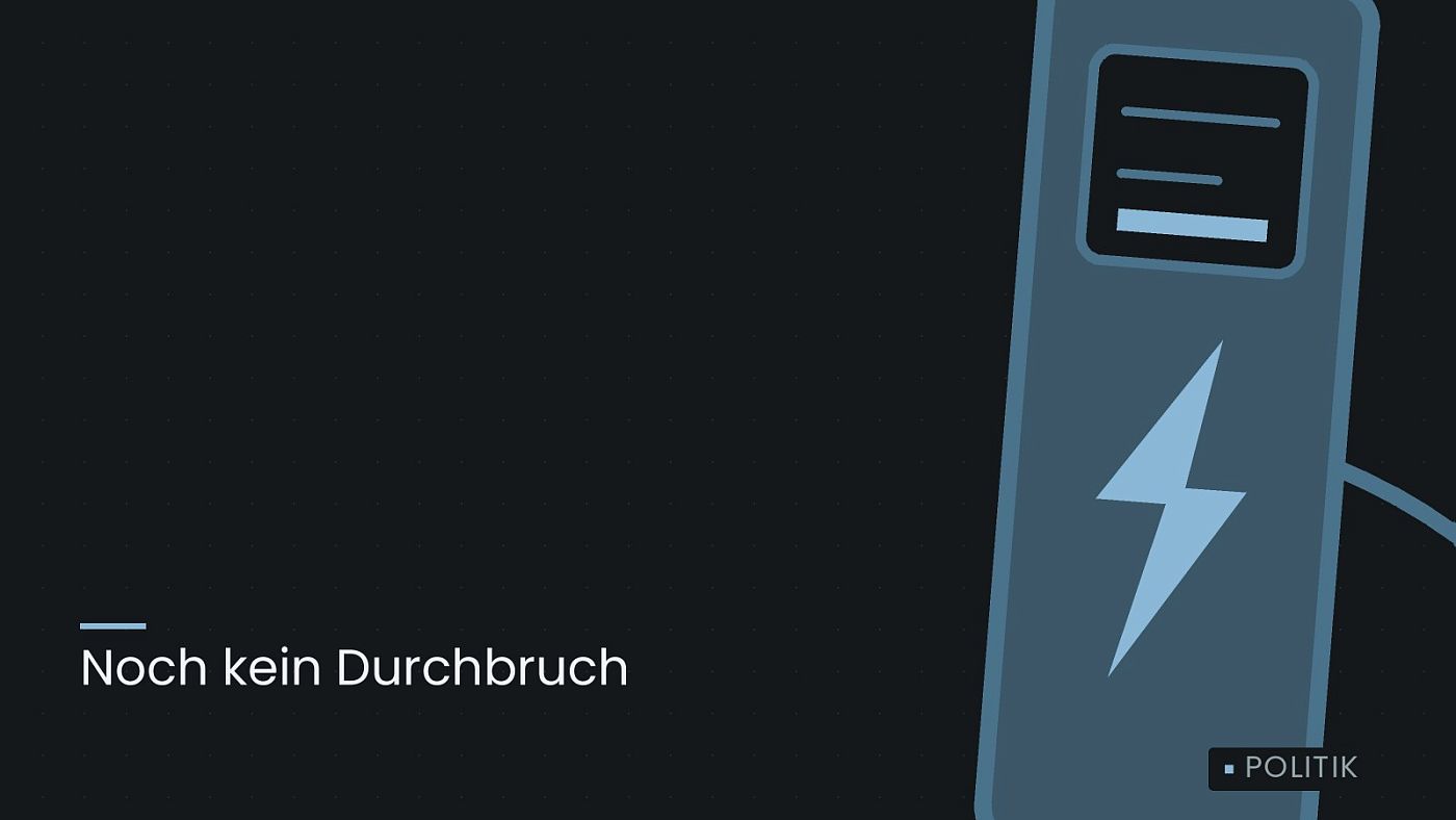 Symbolgrafik: eine gezeichnete Ladesäule mit Kabel und Stecker, beschriftet mit „Noch kein Durchbruch“.