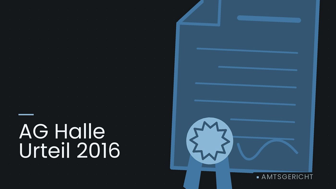Symbolgrafik: eine gezeichnete Urkunde mit Siegel als Zeichen für eine Entscheidung, beschriftet mit „AG Halle Urteil 2016“.
