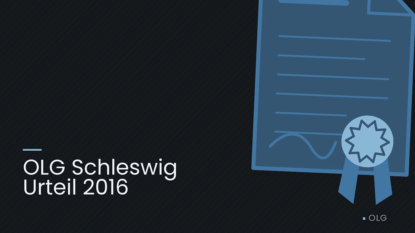 Symbolgrafik: eine gezeichnete Urkunde mit Siegel als Zeichen für eine Entscheidung, beschriftet mit „OLG Schleswig Urteil 2016“.