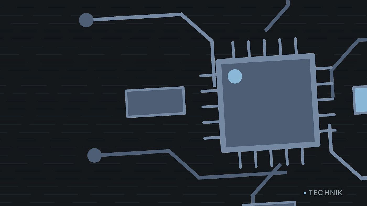 Symbolgrafik: gezeichnete Leiterbahnen mit einem Chip.