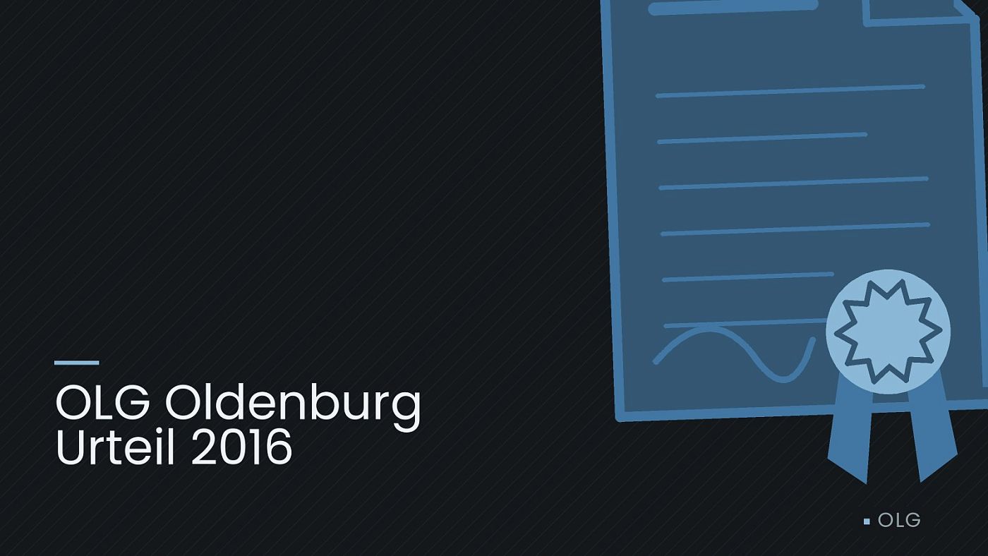 Symbolgrafik: eine gezeichnete Urkunde mit Siegel als Zeichen für eine Entscheidung, beschriftet mit „OLG Oldenburg Urteil 2016“.