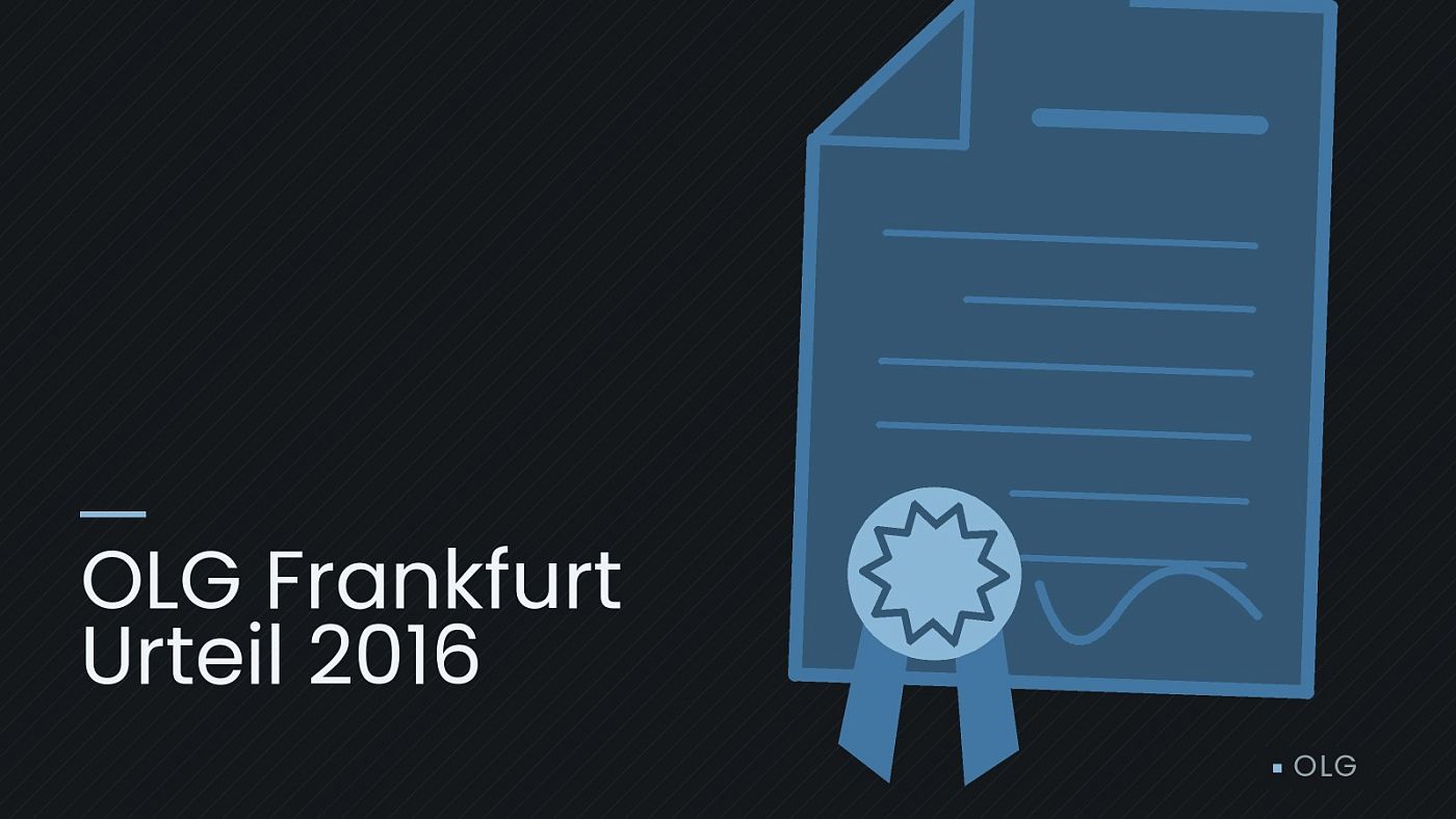 Symbolgrafik: eine gezeichnete Urkunde mit Siegel als Zeichen für eine Entscheidung, beschriftet mit „OLG Frankfurt Urteil 2016“.