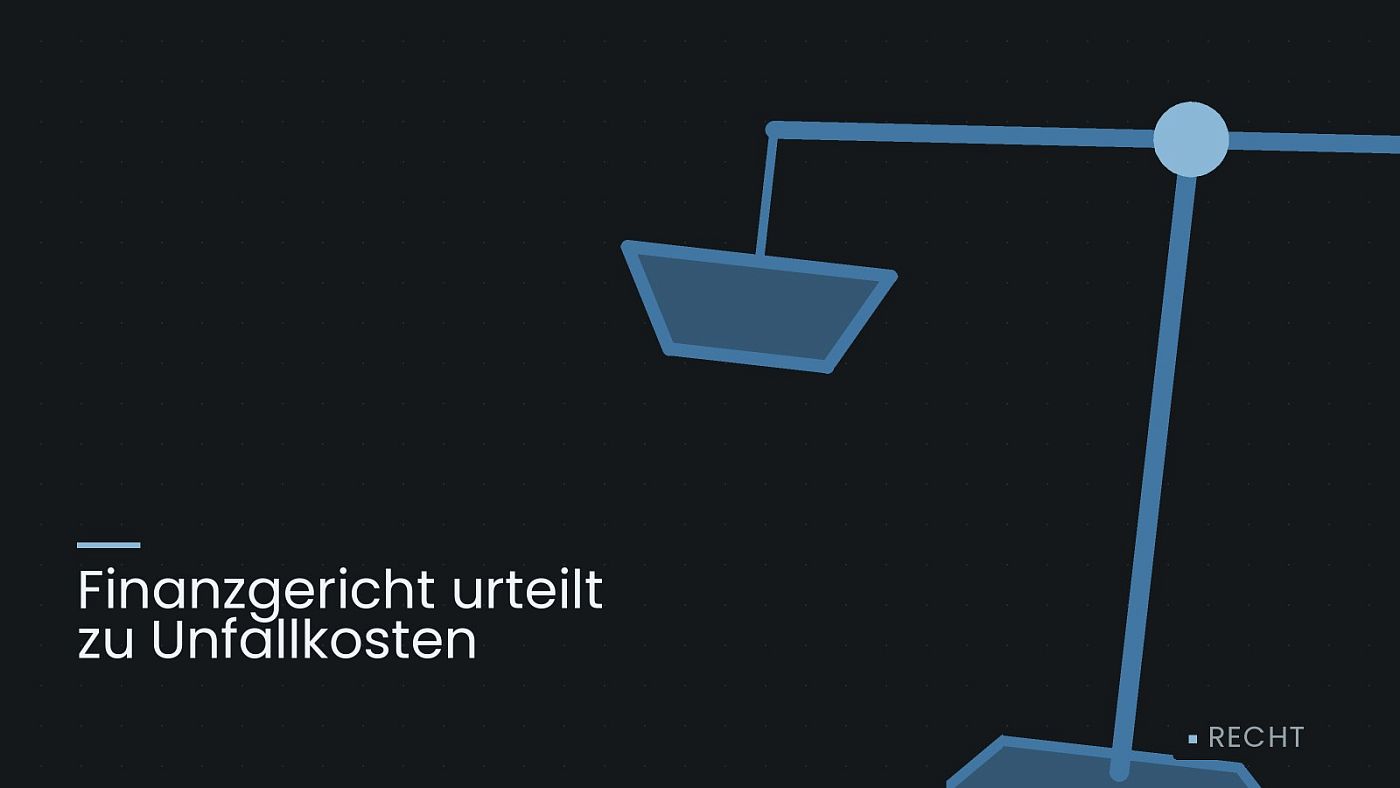 Symbolgrafik: eine stilisierte Waage als Zeichen für eine Gerichtsentscheidung, beschriftet mit „Finanzgericht urteilt zu Unfallkosten“.