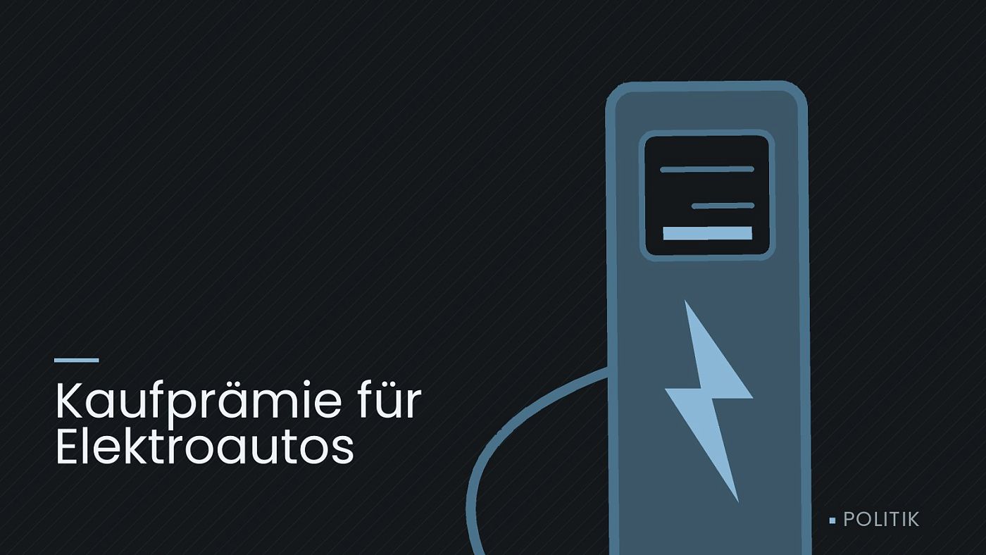 Symbolgrafik: eine gezeichnete Ladesäule mit Kabel und Stecker, beschriftet mit „Kaufprämie für Elektroautos“.