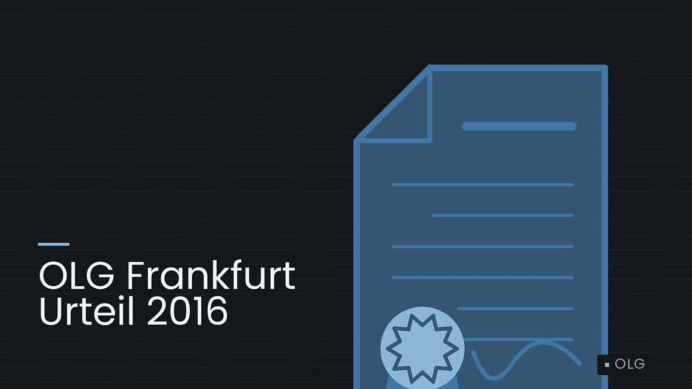 Symbolgrafik: eine gezeichnete Urkunde mit Siegel als Zeichen für eine Entscheidung, beschriftet mit „OLG Frankfurt Urteil 2016“.