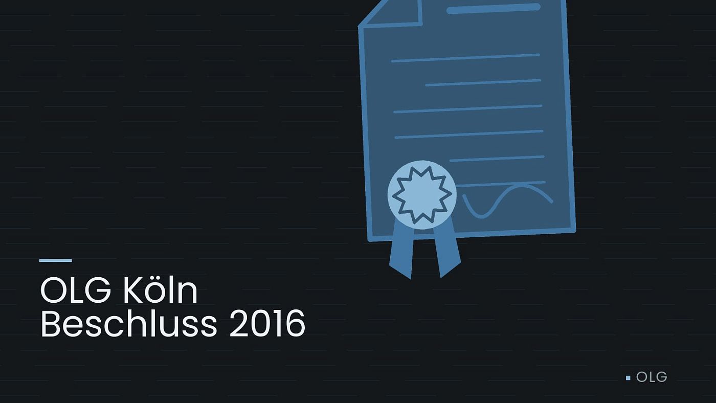 Symbolgrafik: eine gezeichnete Urkunde mit Siegel als Zeichen für eine Entscheidung, beschriftet mit „OLG Köln Beschluss 2016“.