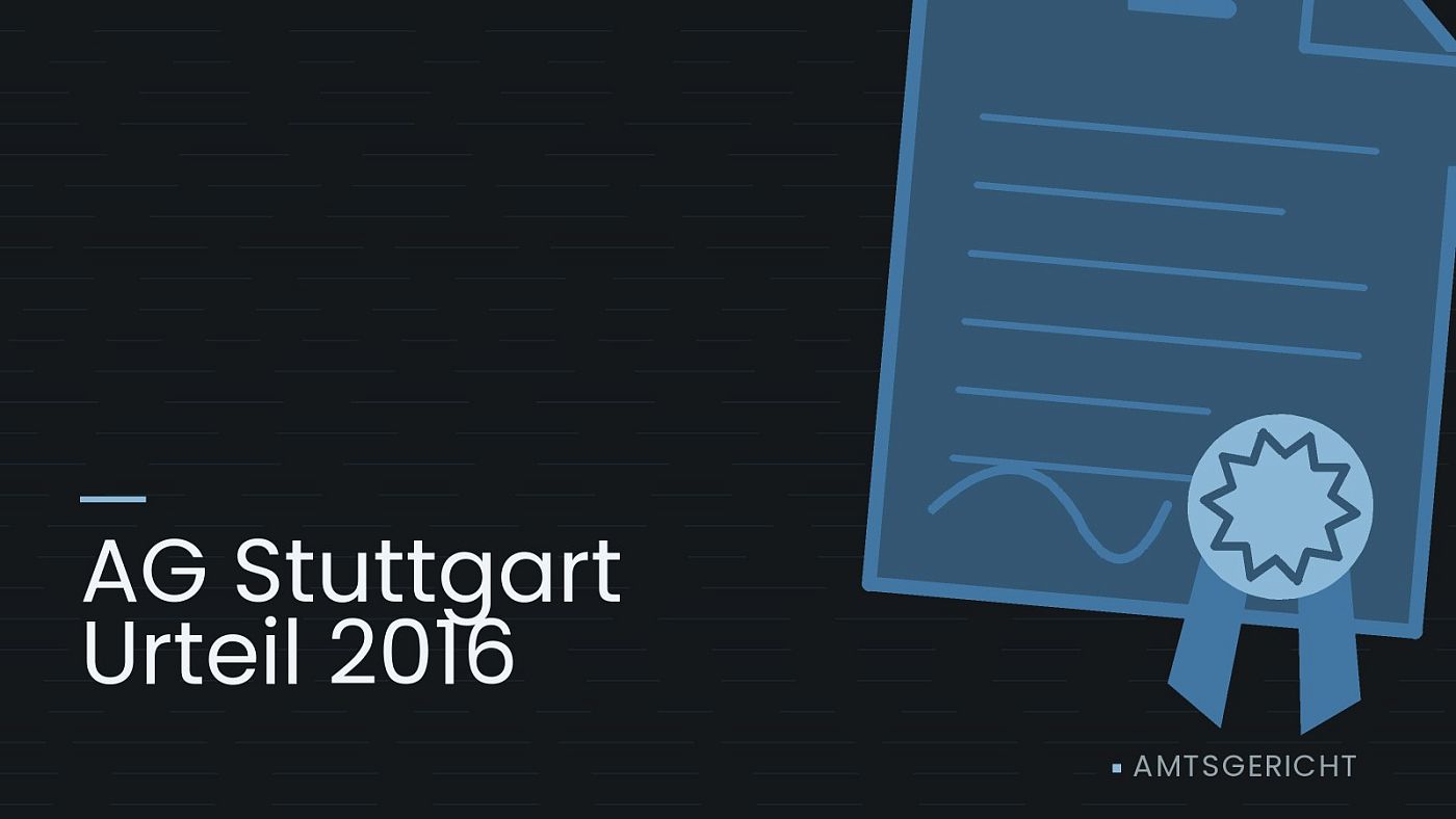 Symbolgrafik: eine gezeichnete Urkunde mit Siegel als Zeichen für eine Entscheidung, beschriftet mit „AG Stuttgart Urteil 2016“.
