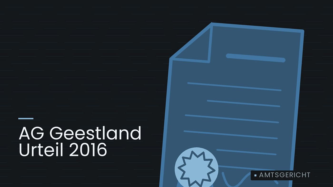 Symbolgrafik: eine gezeichnete Urkunde mit Siegel als Zeichen für eine Entscheidung, beschriftet mit „AG Geestland Urteil 2016“.