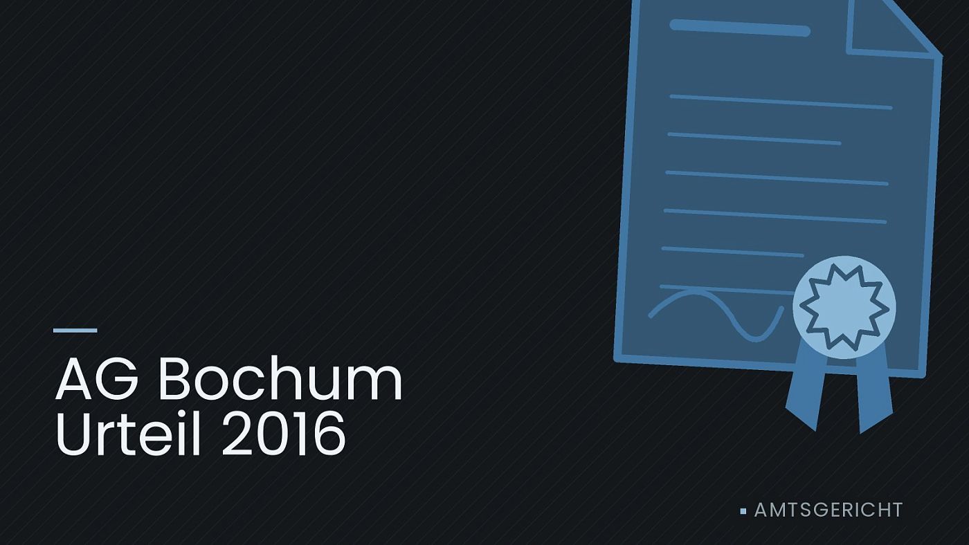 Symbolgrafik: eine gezeichnete Urkunde mit Siegel als Zeichen für eine Entscheidung, beschriftet mit „AG Bochum Urteil 2016“.