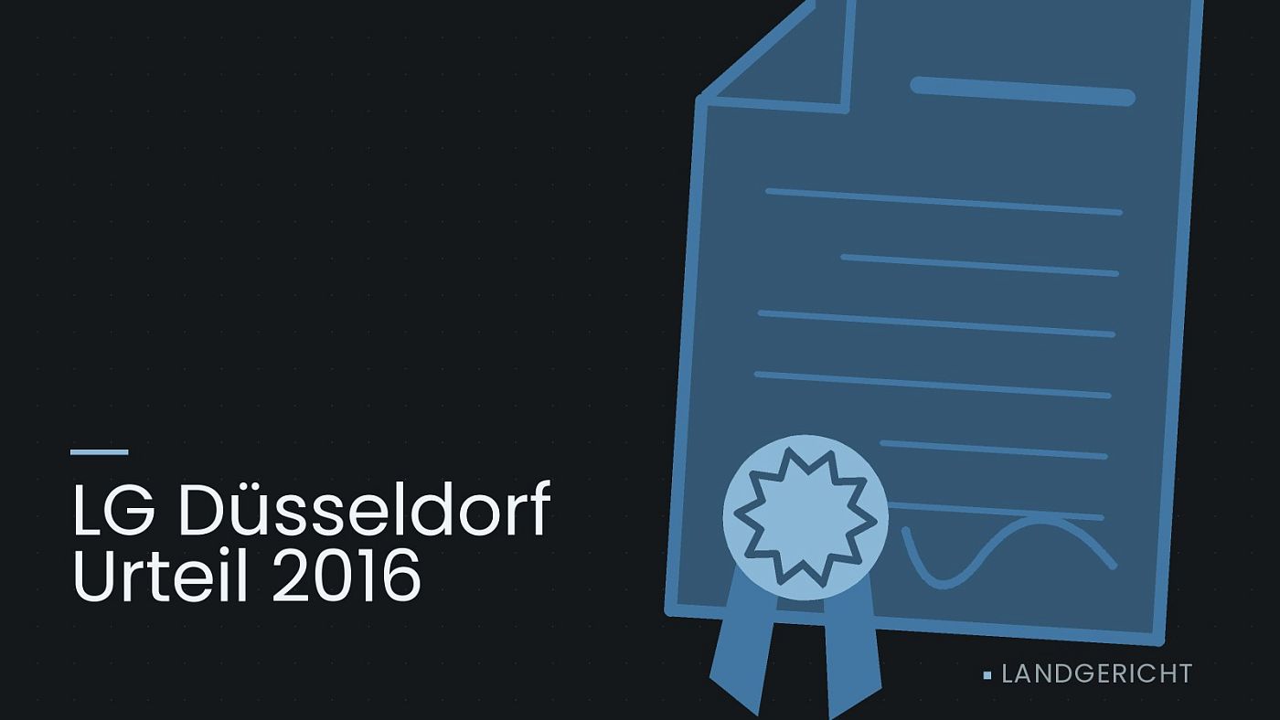 Symbolgrafik: eine gezeichnete Urkunde mit Siegel als Zeichen für eine Entscheidung, beschriftet mit „LG Düsseldorf Urteil 2016“.