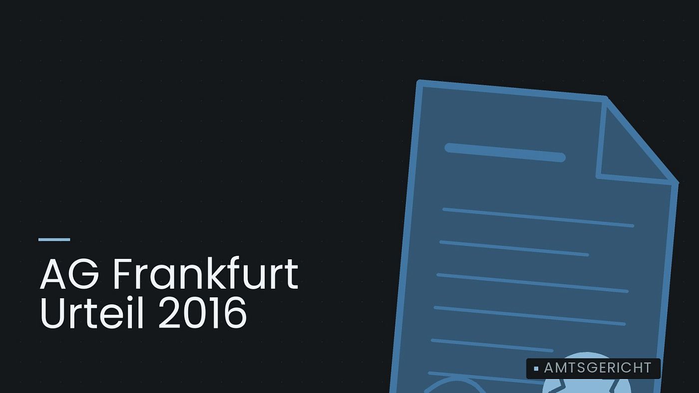 Symbolgrafik: eine gezeichnete Urkunde mit Siegel als Zeichen für eine Entscheidung, beschriftet mit „AG Frankfurt Urteil 2016“.
