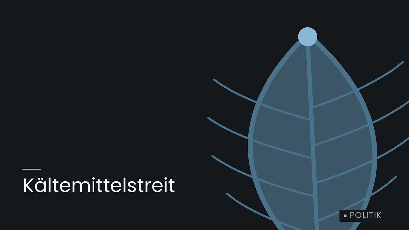 Symbolgrafik: ein gezeichnetes Blatt als Zeichen für Umwelt und Klima, beschriftet mit „Kältemittelstreit“.