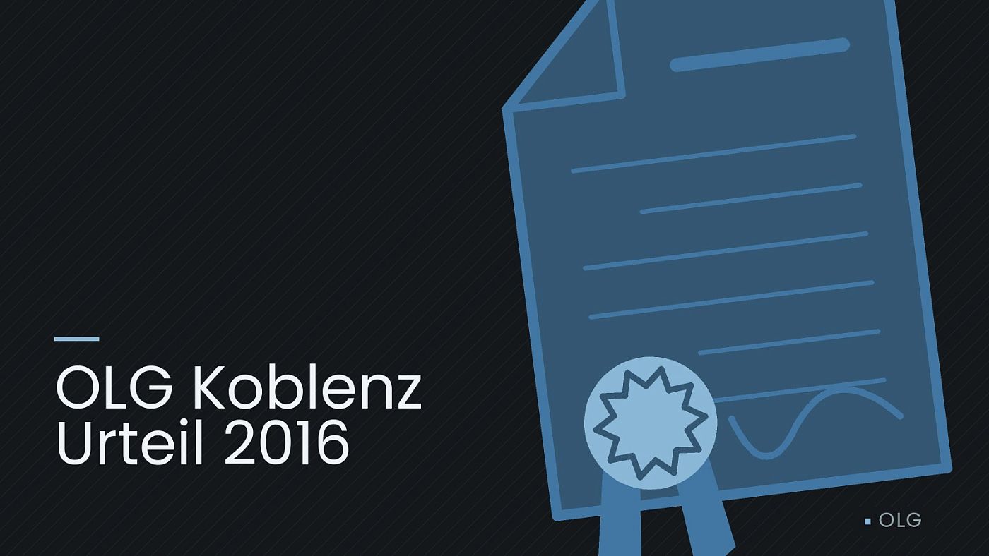 Symbolgrafik: eine gezeichnete Urkunde mit Siegel als Zeichen für eine Entscheidung, beschriftet mit „OLG Koblenz Urteil 2016“.
