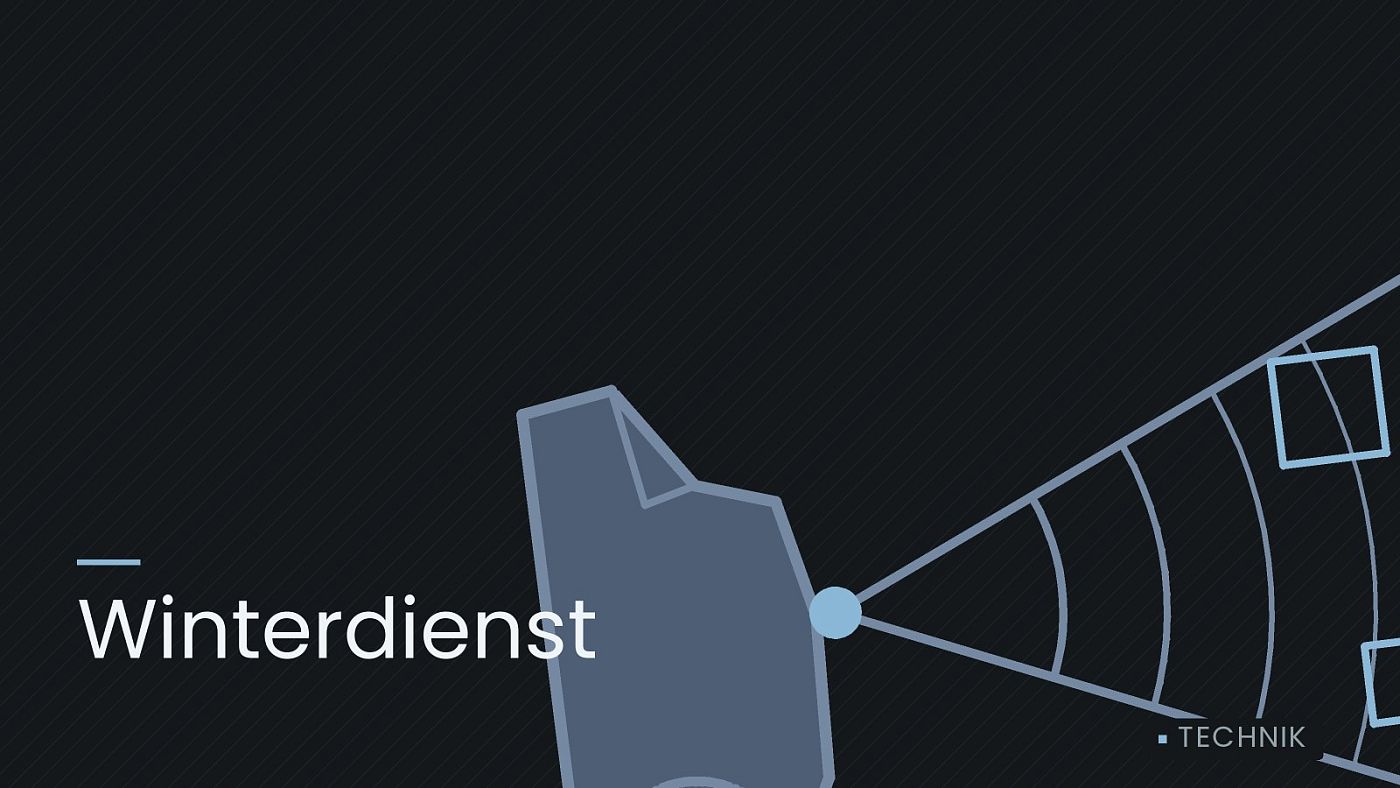 Symbolgrafik: ein gezeichneter Sensorkegel vor einer Fahrzeugfront, beschriftet mit „Winterdienst“.