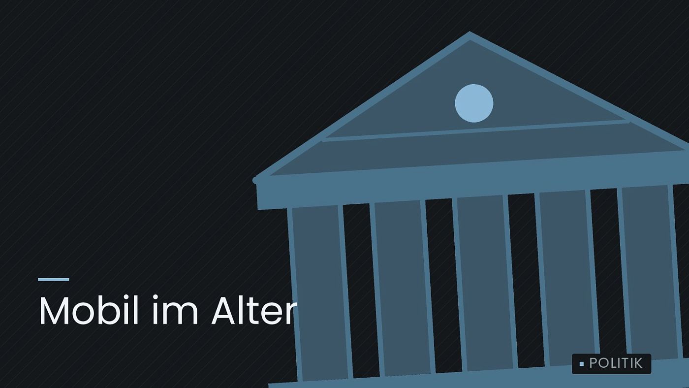 Symbolgrafik: ein stilisiertes Amtsgebäude mit Säulen, beschriftet mit „Mobil im Alter“.