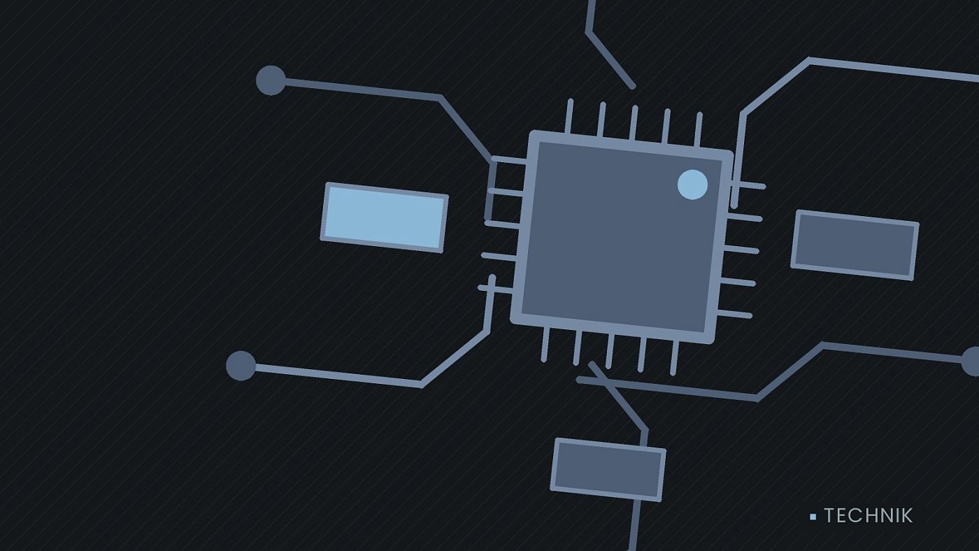 Symbolgrafik: gezeichnete Leiterbahnen mit einem Chip.