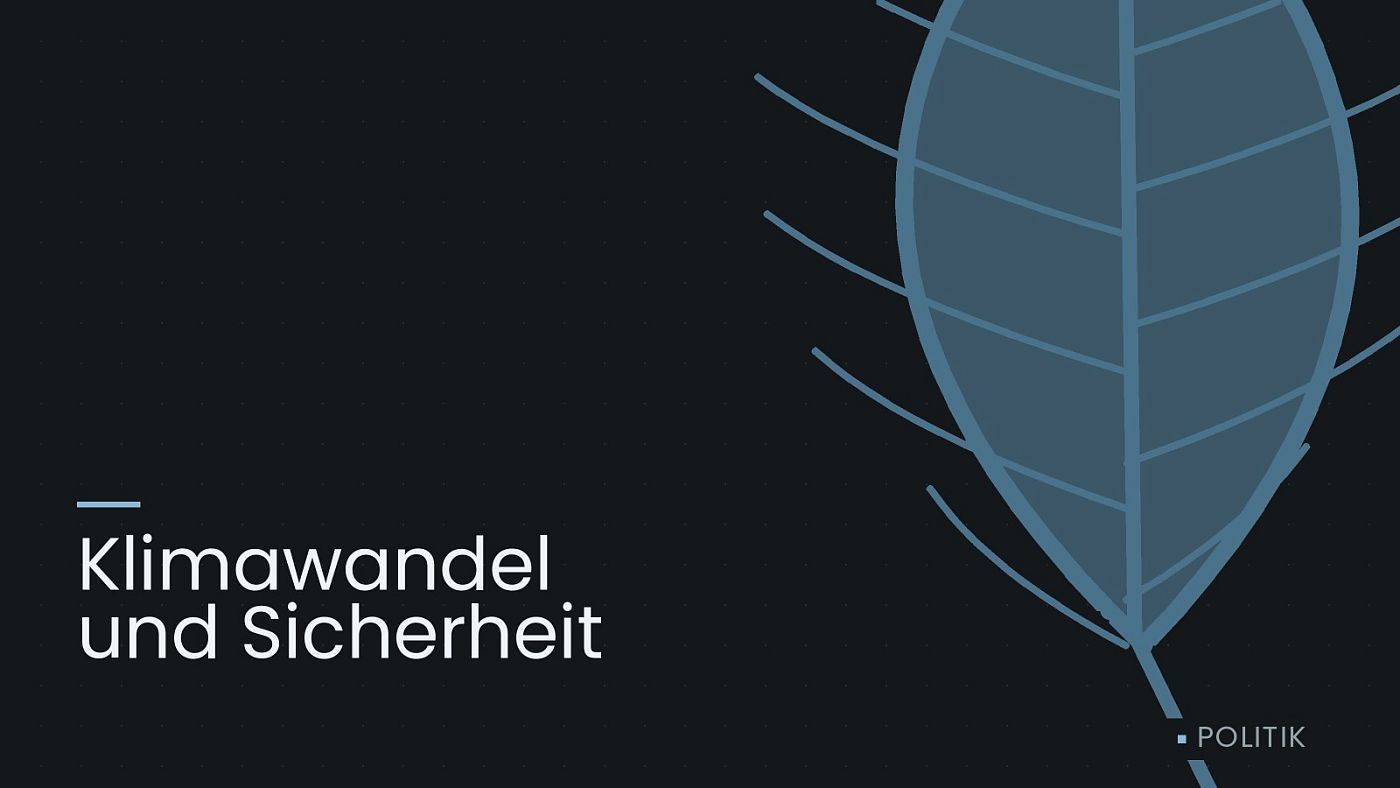 Symbolgrafik: ein gezeichnetes Blatt als Zeichen für Umwelt und Klima, beschriftet mit „Klimawandel und Sicherheit“.