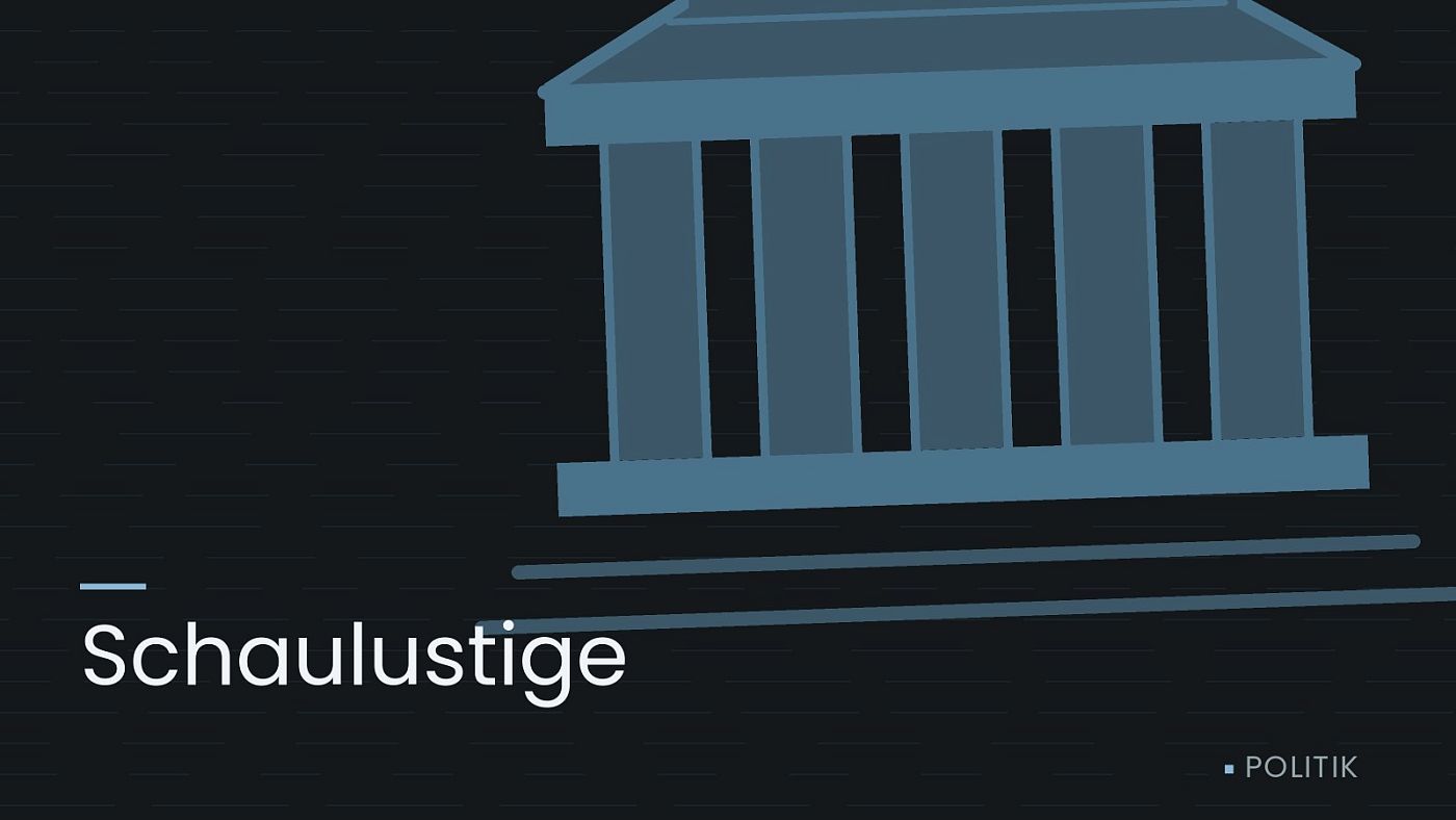 Symbolgrafik: ein stilisiertes Amtsgebäude mit Säulen, beschriftet mit „Schaulustige“.