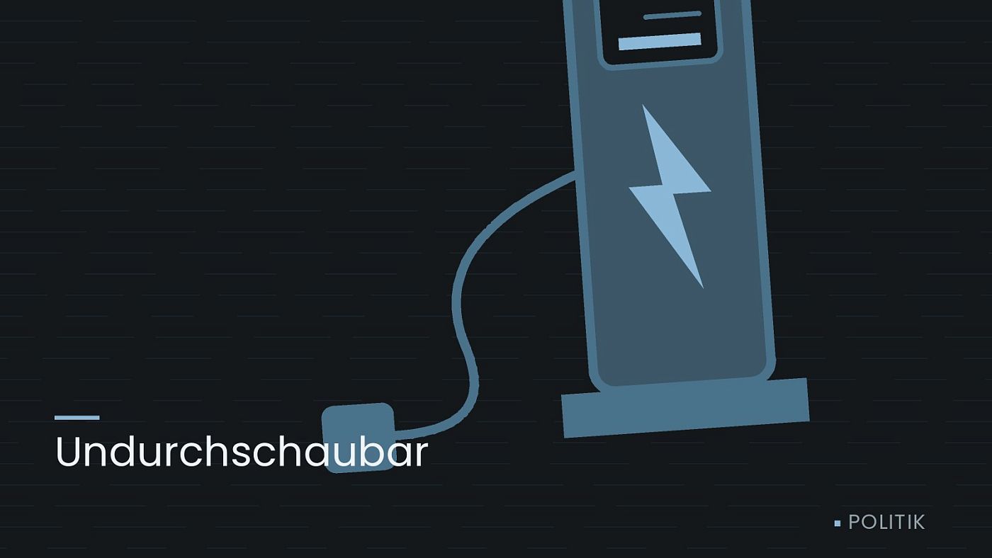 Symbolgrafik: eine gezeichnete Ladesäule mit Kabel und Stecker, beschriftet mit „Undurchschaubar“.
