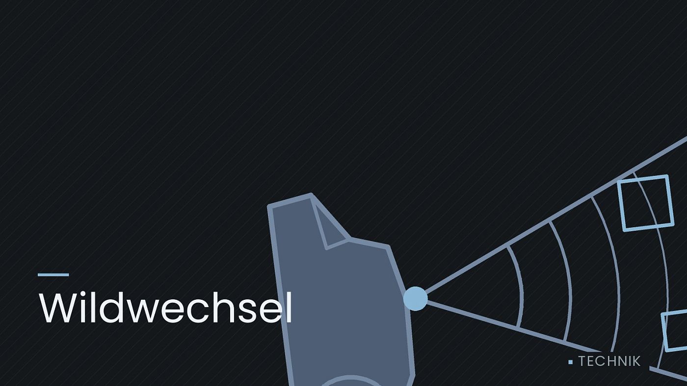 Symbolgrafik: ein gezeichneter Sensorkegel vor einer Fahrzeugfront, beschriftet mit „Wildwechsel“.