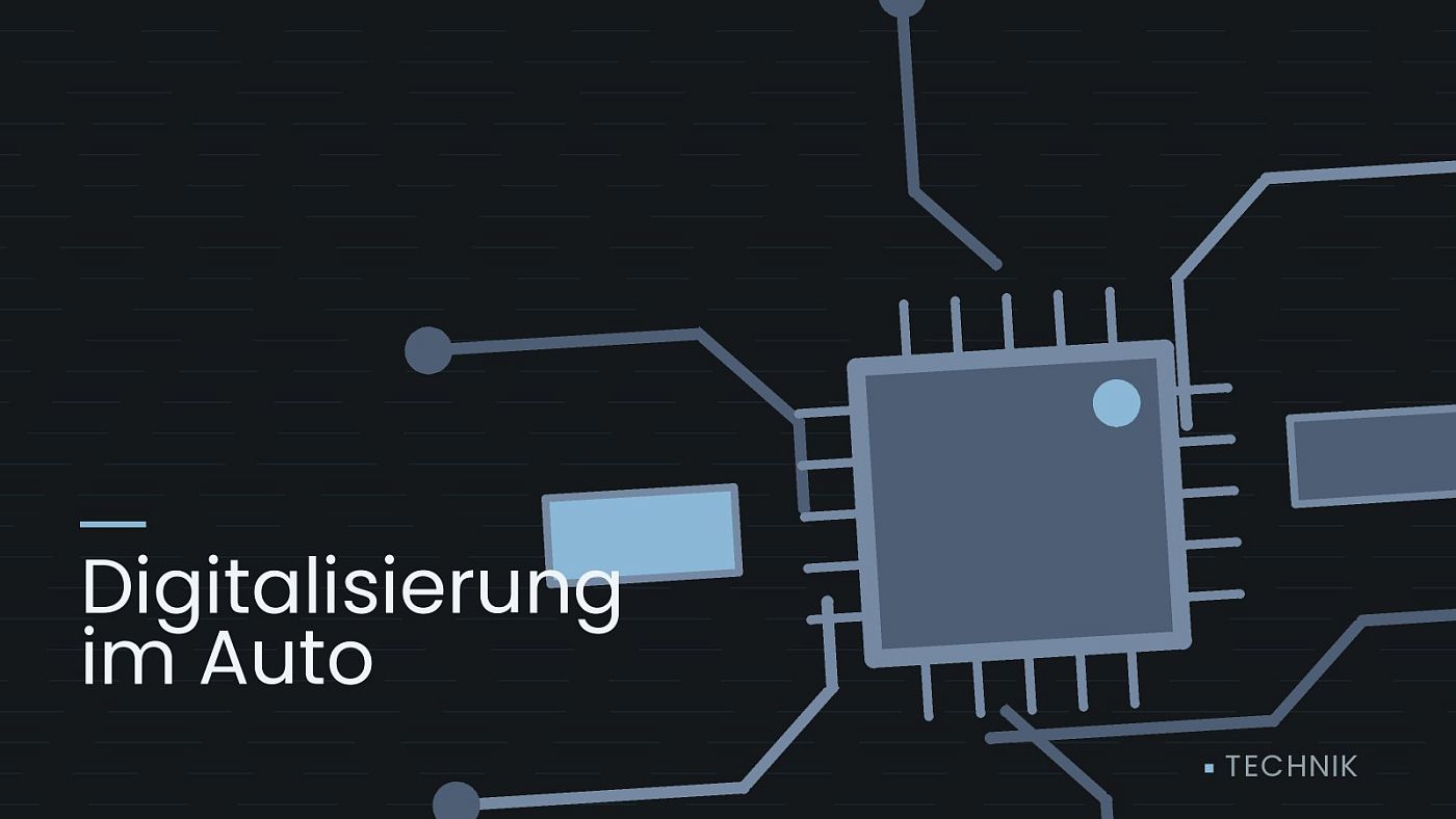 Symbolgrafik: gezeichnete Leiterbahnen mit einem Chip, beschriftet mit „Digitalisierung im Auto“.