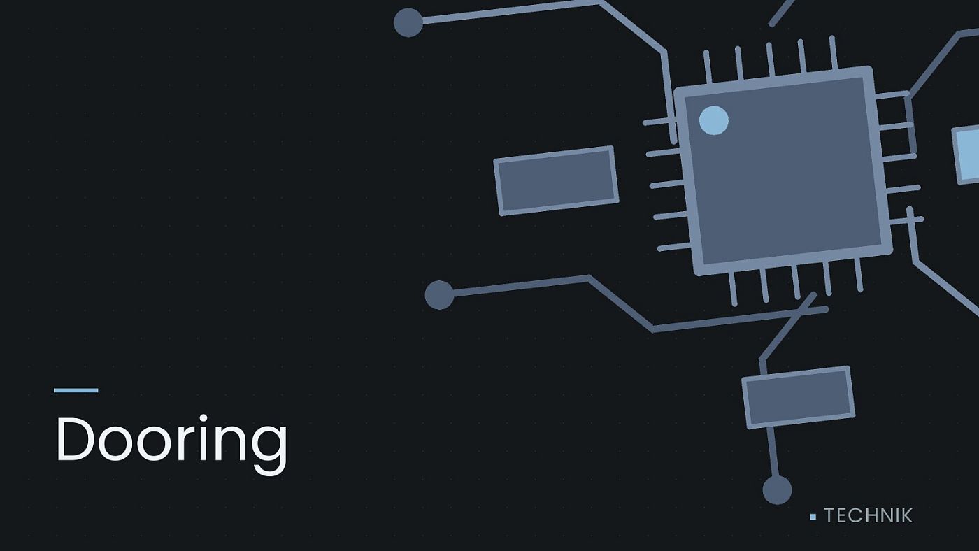 Symbolgrafik: gezeichnete Leiterbahnen mit einem Chip, beschriftet mit „Dooring“.