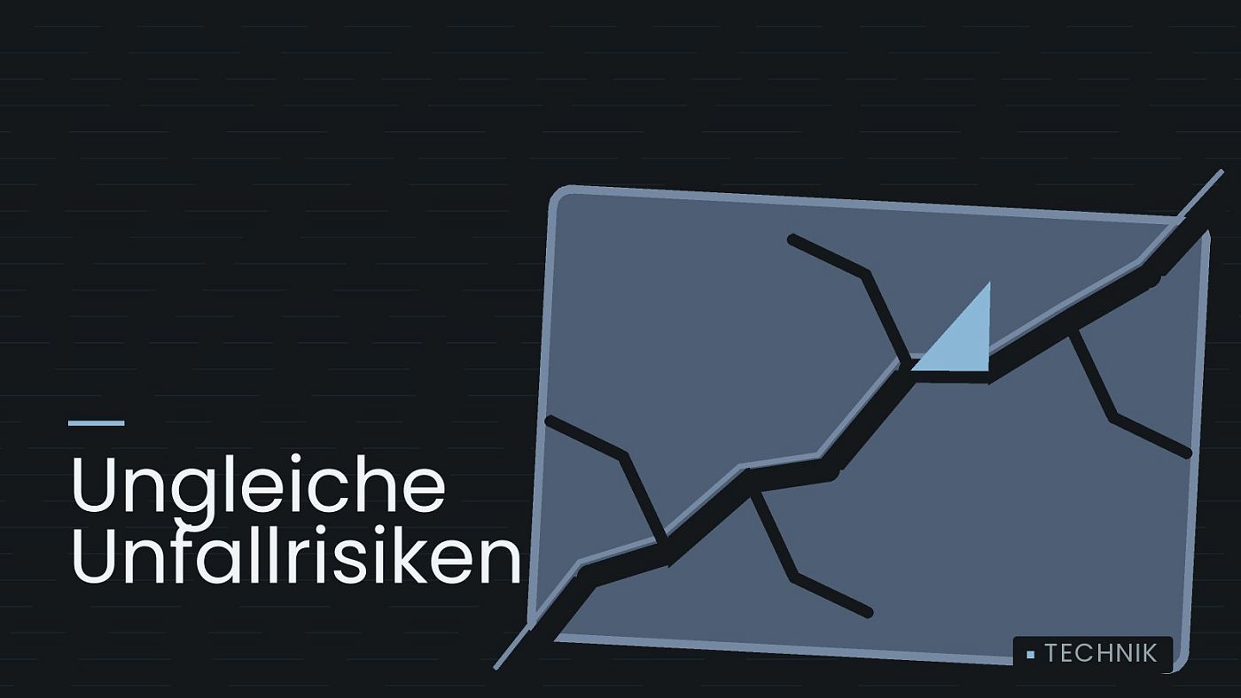 Symbolgrafik: eine gezeichnete Bruchlinie über einer Fläche, beschriftet mit „Ungleiche Unfallrisiken“.
